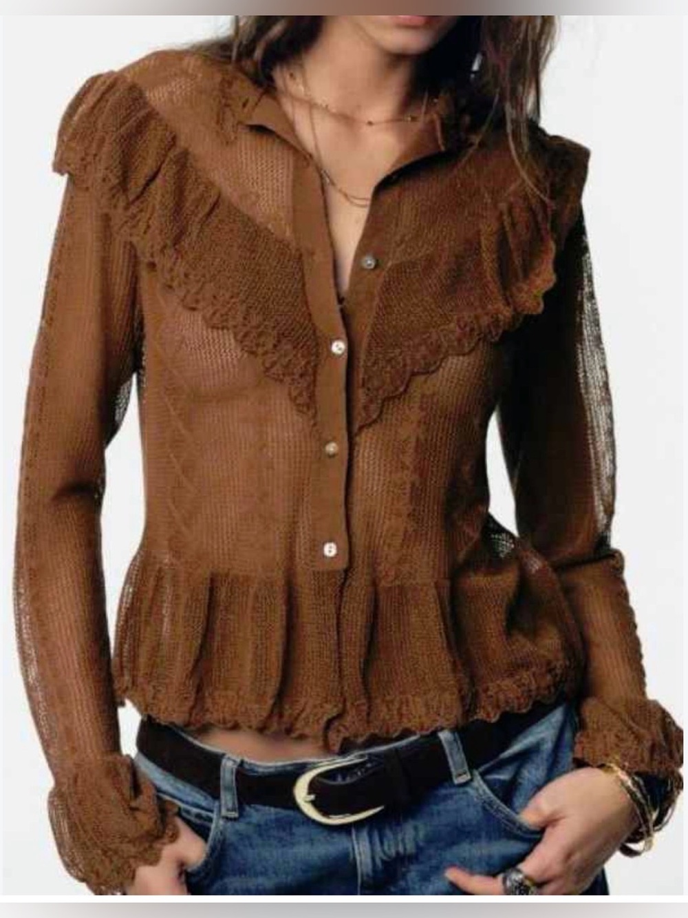 Zara Brown Ruffle-Women's Sweater/ Size small